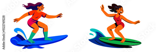 Women surfing in vibrant ocean waves on colorful surfboards during a sunny day at the beach