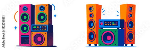 Colorful speakers and audio equipment displayed in a vibrant digital illustration, showcasing modern sound systems with energy and style