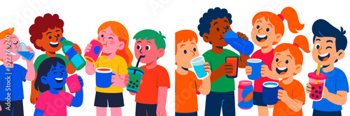 Group of children happily enjoying colorful drinks at a summer party in a park