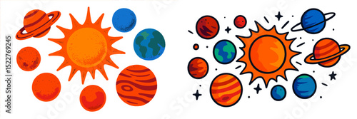 Colorful illustration of the solar system with planets and sun in a playful style capturing a cosmic theme