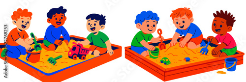 Playful children enjoy a sunny day in colorful sandboxes at a local playground with toys and laughter
