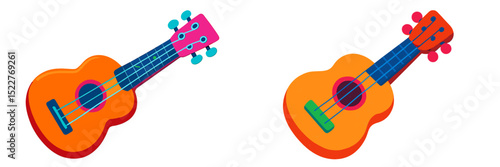 Colorful ukuleles resting on a white background ideal for music-themed designs and illustrations