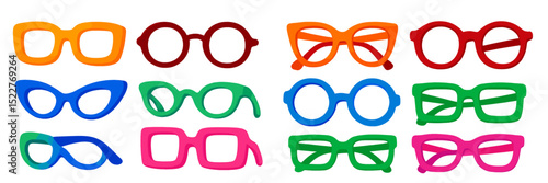 Colorful plastic glasses in various shapes displayed on a white background for fun and playtime activities