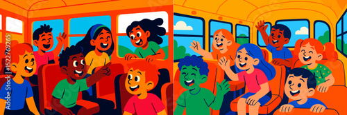 Kids enjoying a fun bus ride while sharing stories and laughter on a sunny day