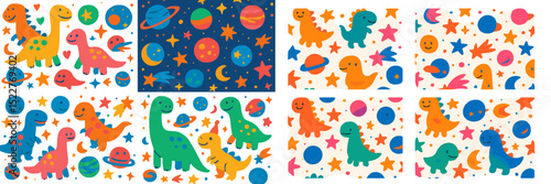 Colorful dinosaur and space-themed patterns featuring vibrant illustrations on a white background