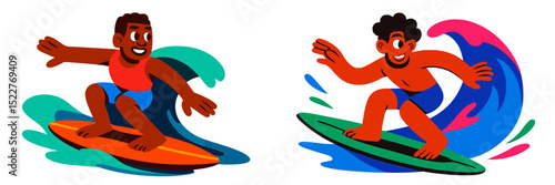 Two surfers riding colorful waves on bright surfboards during a sunny beach day