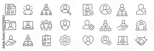 Unique line icons representing various aspects of teamwork, leadership, and communication in a professional setting