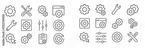 Gear icons representing various mechanical and technical concepts in a minimalist design style
