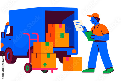 Warehouse worker checking delivery boxes in bright truck at loading dock during daytime