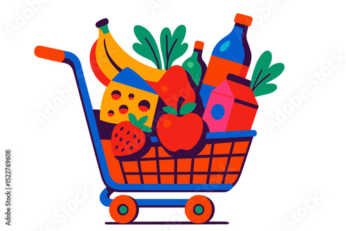 Colorful shopping cart filled with fresh fruits, vegetables, and beverages at a grocery store