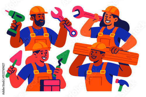 Group of diverse construction workers engaged in various building activities in a workshop setting during daytime