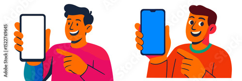 Two cheerful individuals displaying smartphones while pointing at them indoors during the daytime