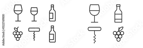 Wine glasses, bottles, corks, and grapes displayed in a minimalist graphic design