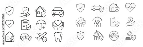 Collection of insurance and protection icons featuring hearts, homes, vehicles, and health symbols in minimalist design style