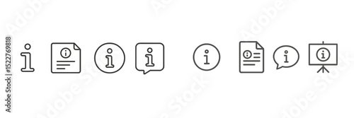 Information icons and symbols arranged in a horizontal layout displaying various formats of conveying details and messages