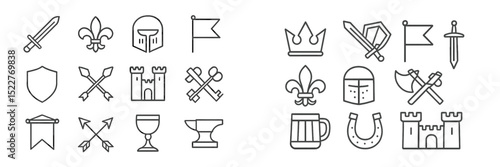 Collection of medieval and fantasy-themed icons featuring weapons, armor, and symbols in a dynamic arrangement