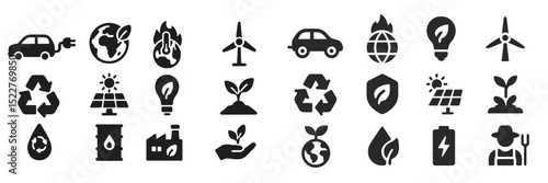 Collection of environmentally friendly icons depicting sustainable energy and eco-conscious practices