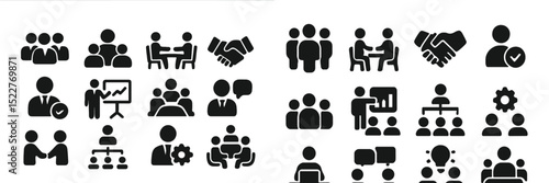 Diverse symbols representing teamwork, collaboration, and meeting activities for business and education contexts