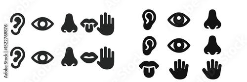 Unique collection of hand and facial feature icons showcases essential human expressions and senses in black and white design
