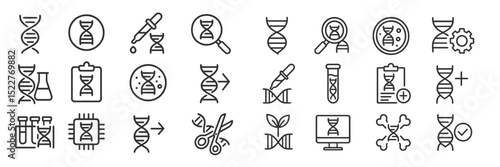 Collection of DNA-related icons illustrating genetic research and biotechnology applications in a minimalist design