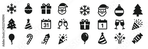 Holiday themed icons including snowflakes, gifts, and festive decorations for celebrations and New Year events