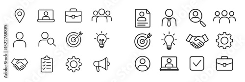 Collection of line icons representing business, teamwork, and career development concepts in a modern style