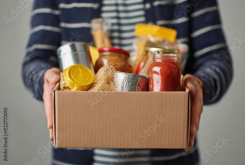 Person Donating Non Perishable Food Items in Cardboard Box