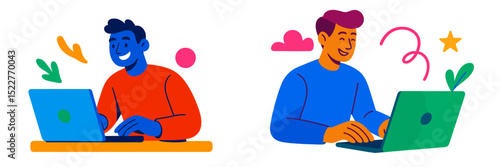 Two individuals working on laptops in a vibrant and colorful workspace during the daytime