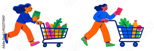 Grocery shopping experience at a vibrant market featuring a cheerful shopper with a cart full of products