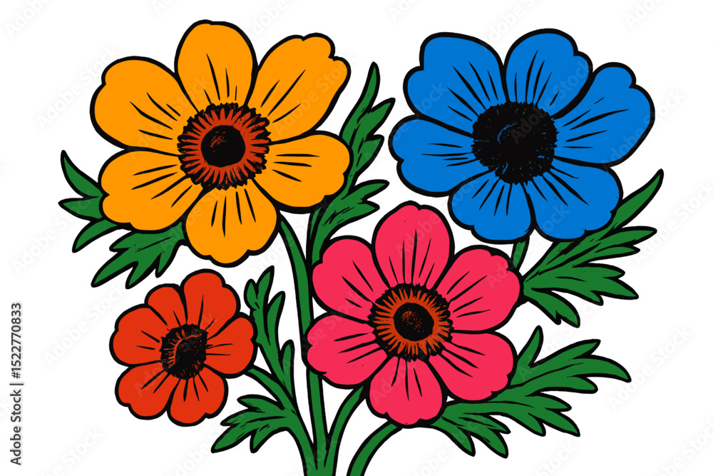 Brightly colored flowers arranged in a bouquet with orange, blue, pink, and red petals on a white background Brightly colored flowers arranged in a bouquet with orange, blue, pink, and red petals on a white background