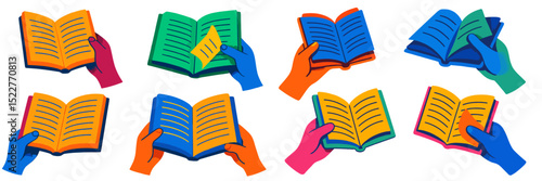Colorful hands holding open books in various positions showcasing reading and learning activities