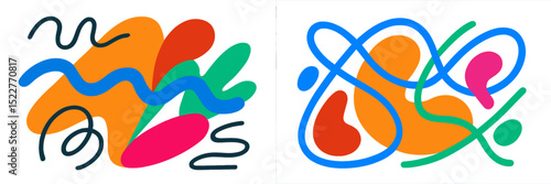 Colorful abstract shapes in a modern design layout with dynamic curves and bold colors creating a lively aesthetic