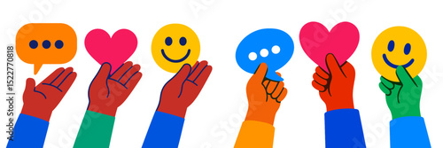 Hands display various emotive symbols showcasing communication, positivity, and connection in a festive atmosphere