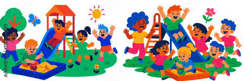 Children engaged in playful activities at a vibrant and joyful playground during a sunny day