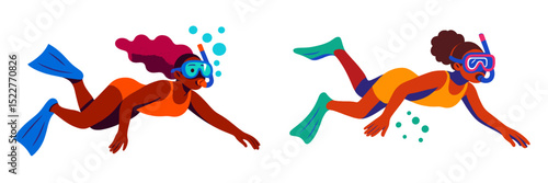 Underwater explorers diving through vibrant coral reefs while wearing snorkeling gear and fins in a colorful setting