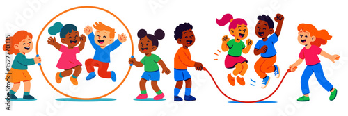 Children joyfully playing jump rope and hula hoop together in a sunny park during a vibrant afternoon