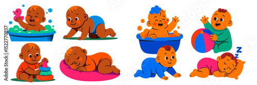 Fun moments of babies playing and enjoying bath time at home in bright colors and playful settings