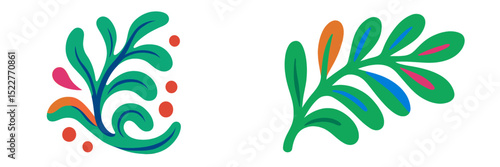 Colorful abstract floral designs showcasing vibrant leaves and petals in a dynamic artistic style