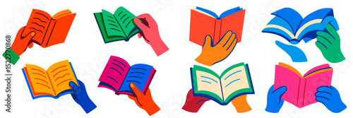 Colorful hands holding open books in a playful arrangement representing reading and learning activities