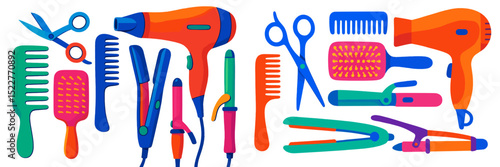 Colorful assortment of hair styling tools displayed on a white background for beauty enthusiasts and professionals