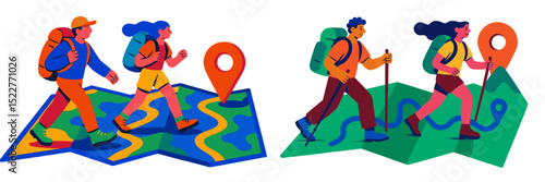 Couples hike through a colorful landscape while navigating with a map and GPS locator
