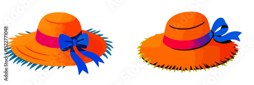 Colorful straw hats with vibrant ribbons on display during a summer festival