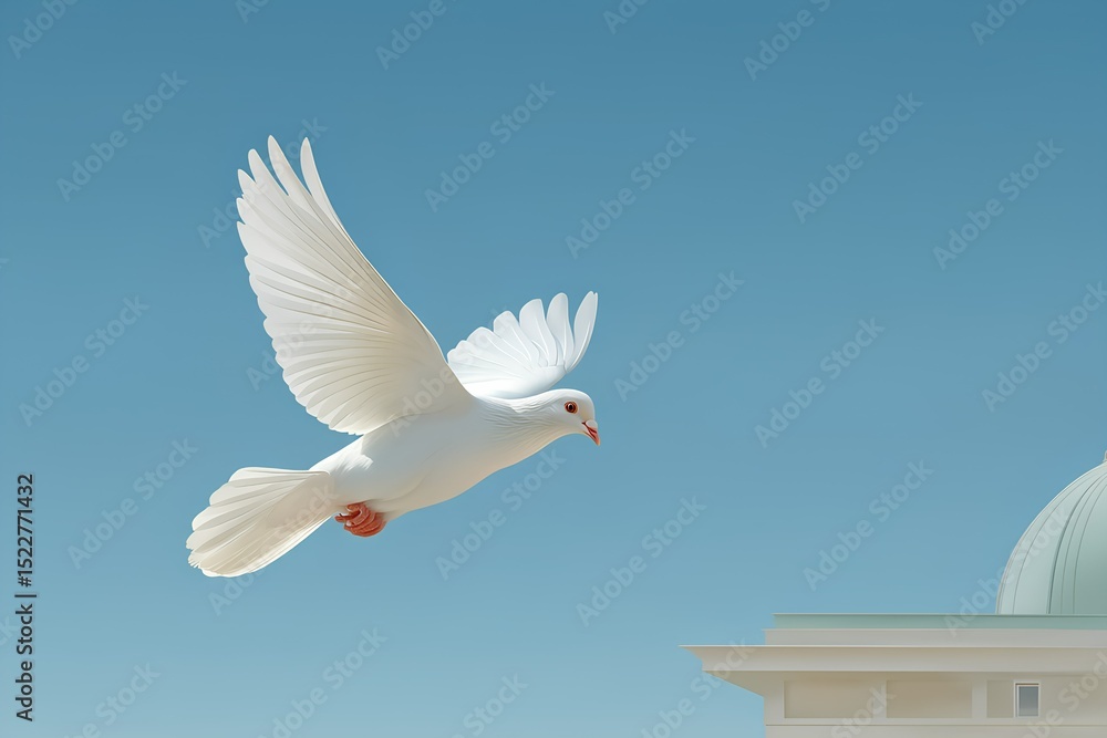 Fototapeta premium White dove flying in blue sky near architectural dome background