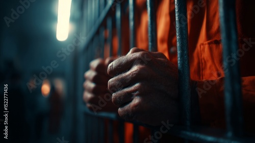 A man is being held in a jail cell with his hands behind a metal bar