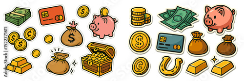 Colorful illustrations of money and savings concepts with cartoon piggy banks, coins, and treasure chests