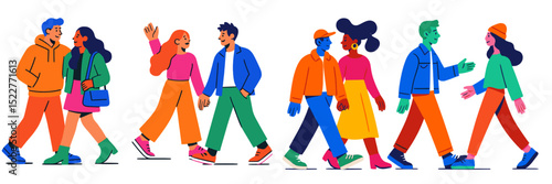 Colorful group of people enjoying a lively stroll in a vibrant city park during a sunny day