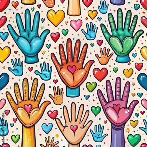 Colorful hands and hearts pattern