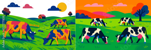 Colorful cows grazing in vibrant rural landscape during sunny day with rolling hills and serene countryside setting