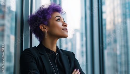 Imagem inclusiva de uma mulher de negócios lésbica e sincera, com cabelo roxo, olhando pela janela do escritório.
