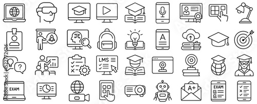 Collection of outline icons representing online education, e learning and virtual learning resources concepts